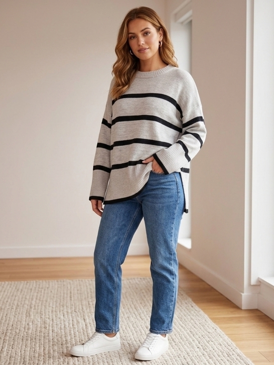 George Sweaters - George Cream and Black Striped Sweater Size L